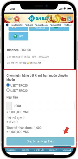Bước 3: Lựa chọn ví => Nhập đúng số tiền muốn nạp => Xác Nhận Nạp Tiền